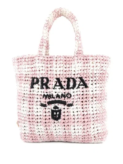 Pre-owned Prada Logo Raffia Small Tote Bag In Multi