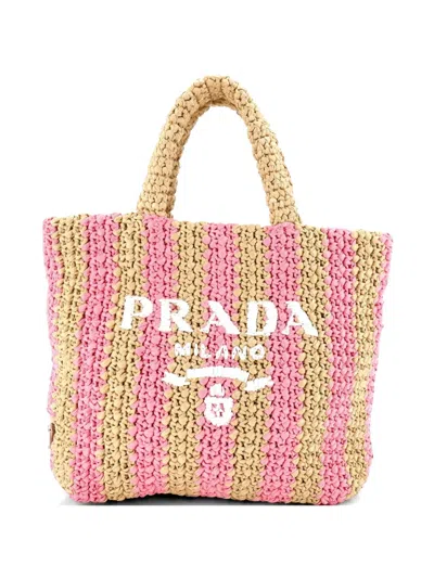 Pre-owned Prada Logo Raffia Small Tote Bag In Multi
