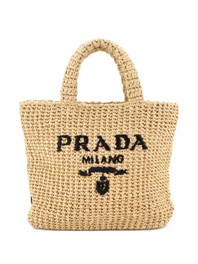 Pre-owned Prada Logo Raffia Small Tote Bag In Neutral