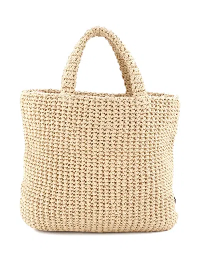 Pre-owned Prada Logo Raffia Small Tote Bag In Neutral