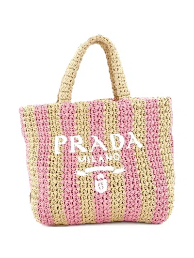 Pre-owned Prada Logo Raffia Small Tote Bag In Neutral