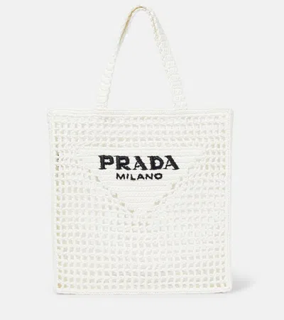 Prada Logo Raffia Tote Bag In Bianco