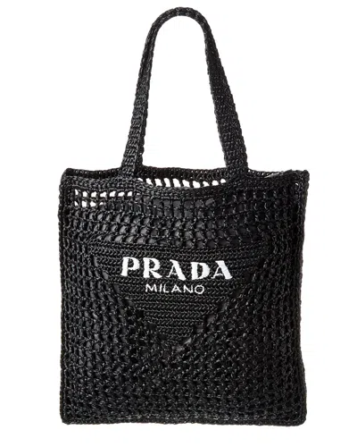 Prada Logo Raffia Tote In Black