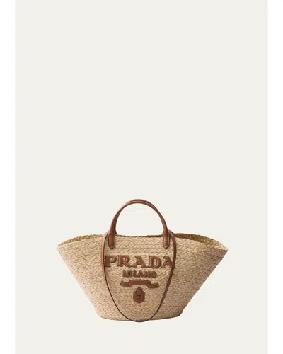 Prada Logo Rafia Tote Bag In Naturale Cognac