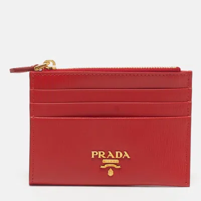 Pre-owned Prada Logo Red Vitello Move Leather Card Holder