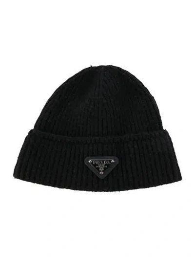 Pre-owned Prada Logo Rib Knit Beanie Hat In Black
