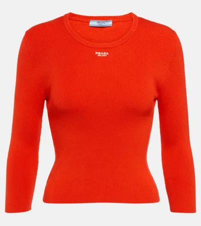 Prada Logo Ribbed-knit Cotton-blend Sweater In Lacca