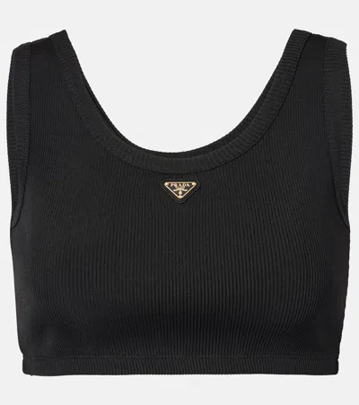 PRADA LOGO RIBBED-KNIT JERSEY CROP TOP