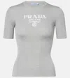 Prada Logo Ribbed-trim Silk T-shirt In Gray