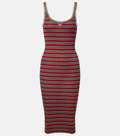 Prada Logo Ribbed-knit Cotton Midi Dress In Red