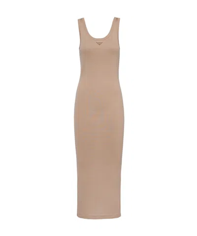 Prada Logo Round-neck Dress In Beige Khaki