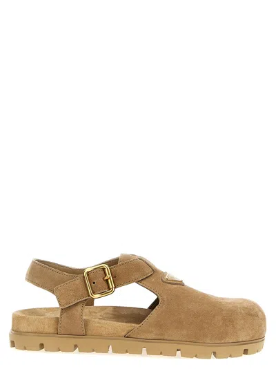 Prada Logo Sabots Flat Shoes Beige