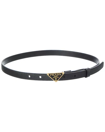 Prada Triangle Logo Saffiano Thin Leather Belt In Black