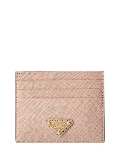 Prada Logo Saffiano Leather Card Case In Beige