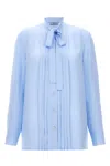 Prada Bow Tie Collar Shirt Pleated Front In Blue