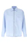 Prada Striped Mandarin Collar Shirt With Welt Pocket In Blue