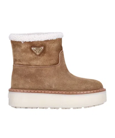 Prada Logo Short Boots In Brown