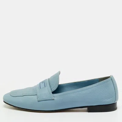 Pre-owned Prada Logo Size 38 Sky Blue Leather Penny Loafers