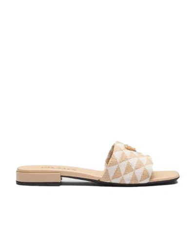 Prada Embroidered Slides In Beige