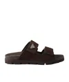 Prada Double Strap Open Toe Leather Sandals In Brown