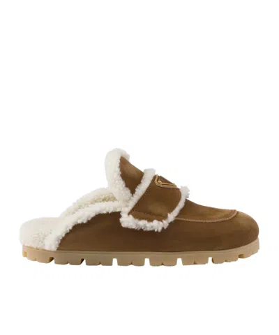 Prada Shearling-trim Suede Mules In Brown