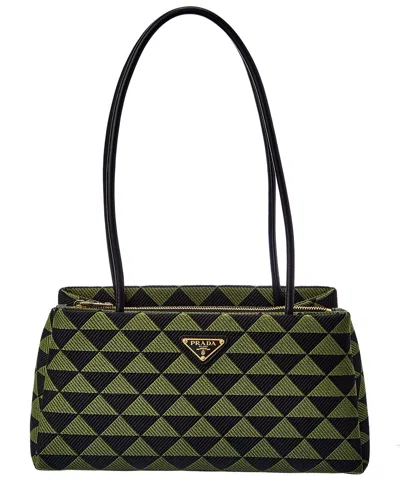 Prada Logo Small Jacquard & Leather Shoulder Bag In Green