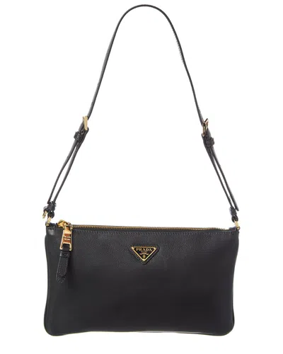Prada Logo Small Leather Pouchette In Black