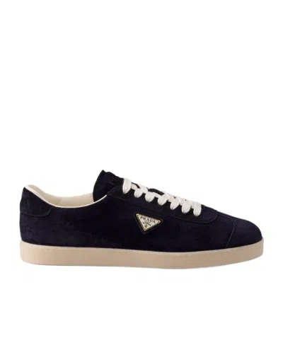 Prada Low-top Suede Sneakers With Rubber Sole In Blue
