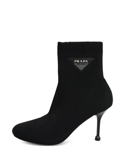 Pre-owned Prada Logo Sock Ankle Boots In Black