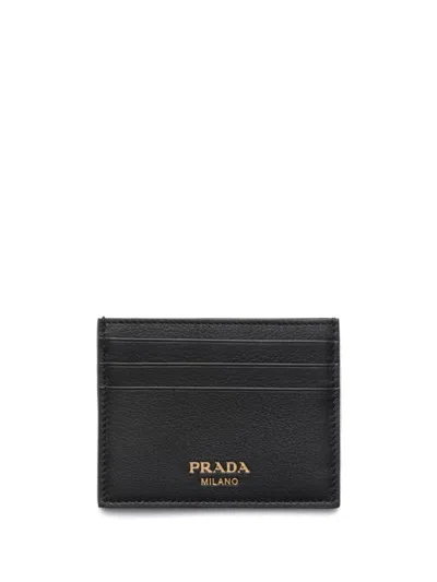 Prada Logo Stamp Leather Card Holder In Black