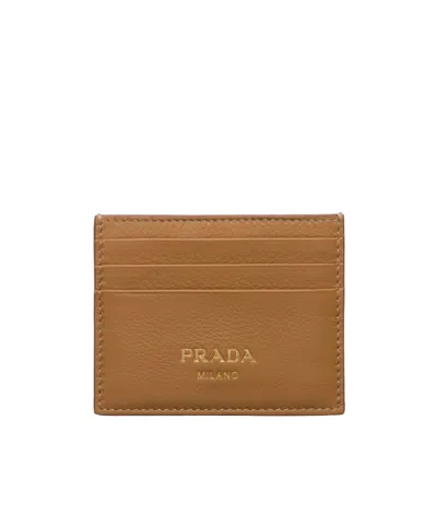 Prada Logo-stamp Leather Cardholder In Beige O Tan