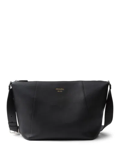 Prada Logo Print Leather Messenger Bag In Black