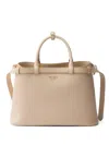 Prada Buckle Medium Leather Handbag With Double Belt In Neutrals