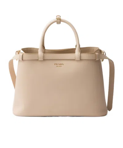Prada Logo-stamp Leather Tote Bag In Neutrals