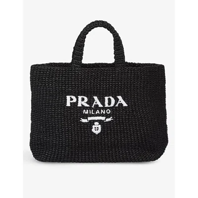 PRADA WOMENS BLACK LOGO-STAMPED CROCHET TOTE BAG