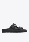 Prada Flat Sole Open Toe Leather Sandals In Black