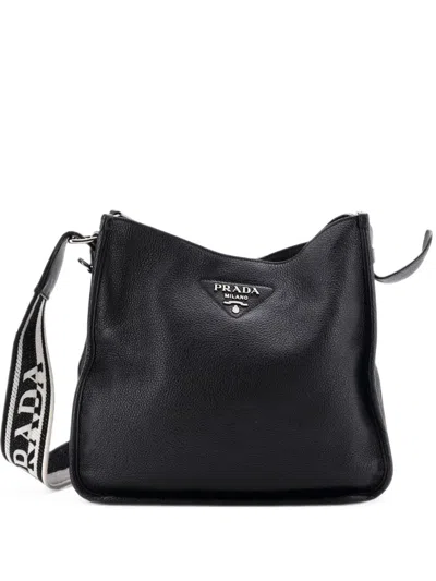 Pre-owned Prada Logo Strap Leather Medium Hobo Bag In Black