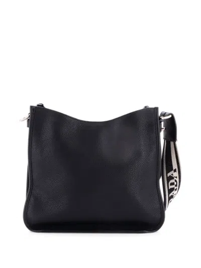 Pre-owned Prada Logo Strap Leather Medium Hobo Bag In Black