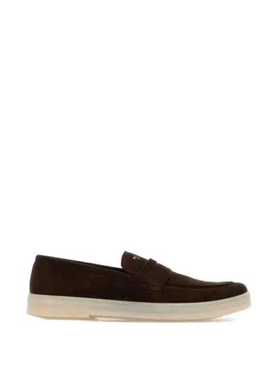 Prada Logo Strap Loafers In Brown