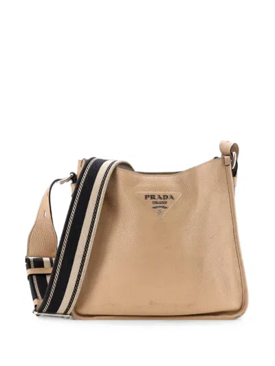 Pre-owned Prada Logo Strap Vitello Daino Medium Crossbody Bag In Neutral