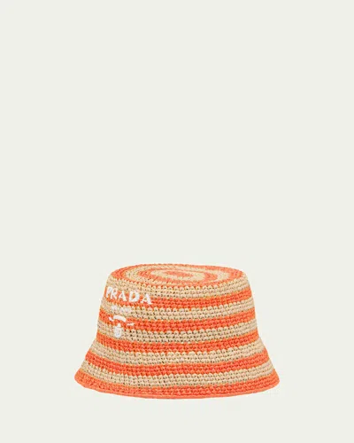 Prada Logo Striped Raffia Bucket Hat In F0p6k Naturale Arancio