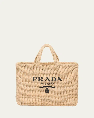 Prada Logo Striped Raffia Shoulder Bag In Naturale