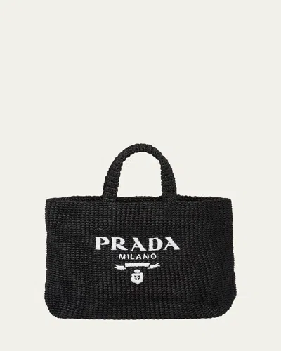 PRADA LOGO STRIPED RAFFIA SHOULDER BAG