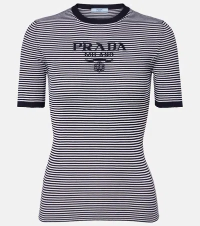 Prada Striped Silk Crewneck Sweater With Logo Clothing In Blue