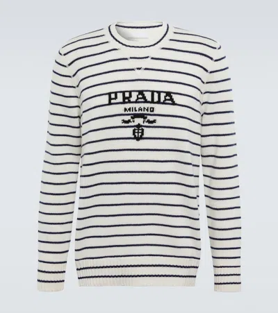 Prada Logo Striped Wool And Cashmere Sweater In Bianco + Blu