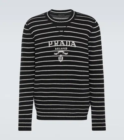 Prada Logo Striped Wool And Cashmere Sweater In White