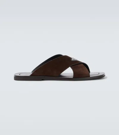 Prada Suede Leather Flat Sole Sandals In Brown