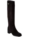 Prada Logo Suede Knee-high Boot In Black