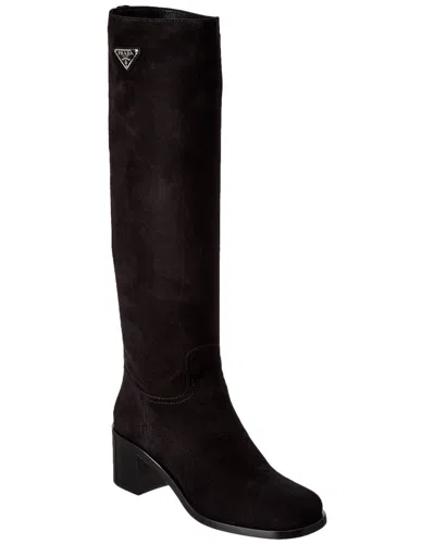 Prada Logo Suede Knee-high Boot In Black