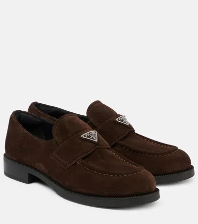 Prada Logo Suede Loafers In Brown